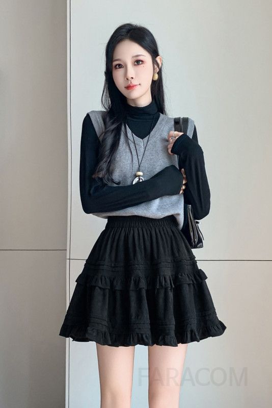 여성 하이웨스트 캉캉 프릴 셔링 플레어 A라인 미니 스커트 데일리 러블리 이미지 6