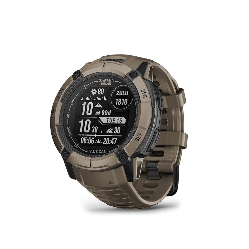 Garmin Instinct 2X Solar - 탄도 내장 충전 손전등, 택티컬 스마트워치, 견고한 계산기, 코요테 기능, 태양열 GPS 탠 에디션, - 상품 이미지