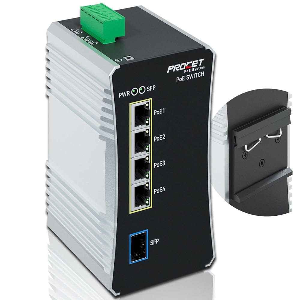 PROCET 기가비트 PoE 스위치 4포트 딘 레일, 90W / 포트, 넓은 온도 -40 F ~ 149 F, SFP 슬롯, AC DC 입력, IEEE802.3af /802.3at - 상품 이미지