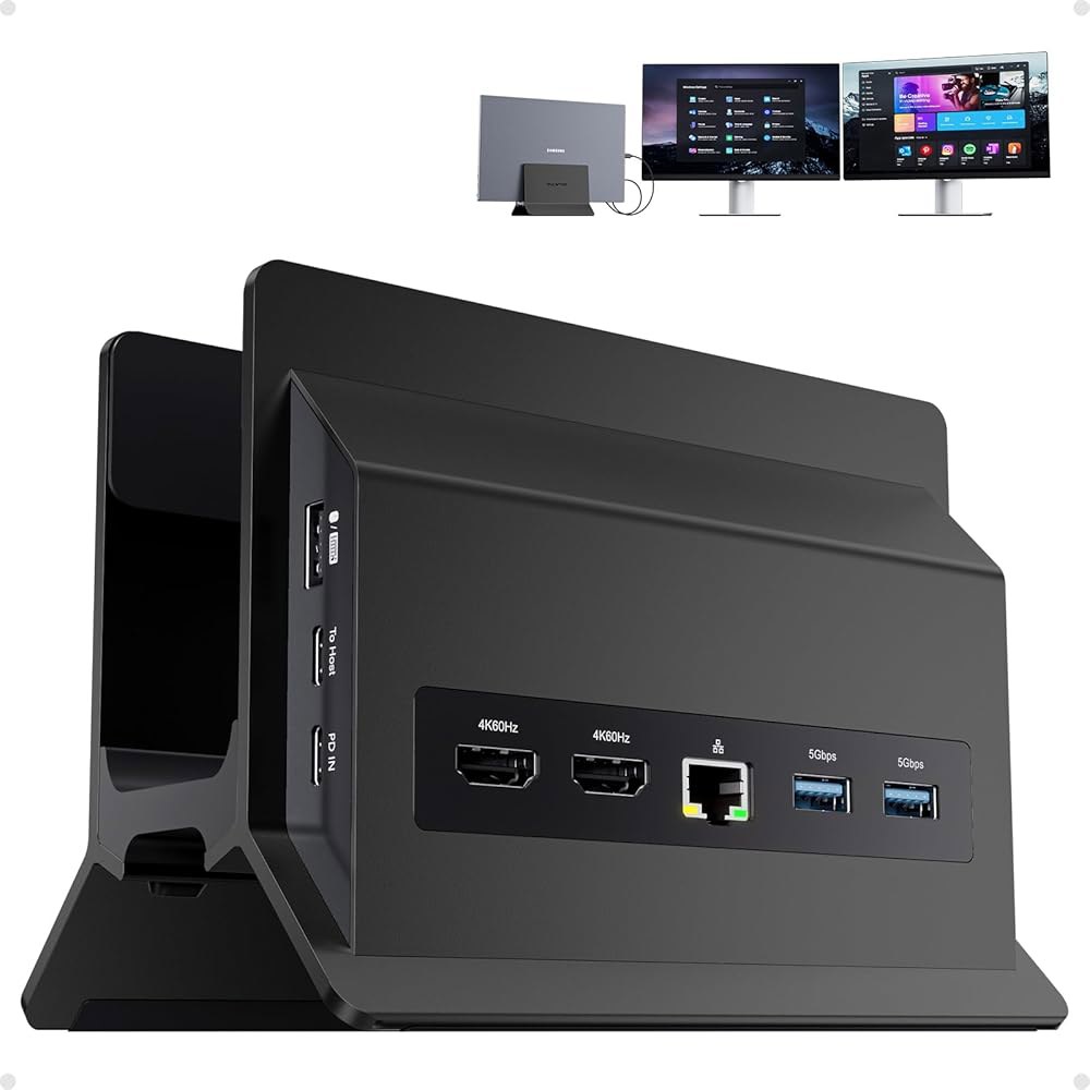 PULWTOP USB C 노트북 도킹 스테이션 듀얼 모니터, 11 in 1 수직 도크, HDMI 4K 2개, A / 10Gbps 3개, USB-A 5Gbps 2.0, 이더넷, 타입 - 상품 이미지