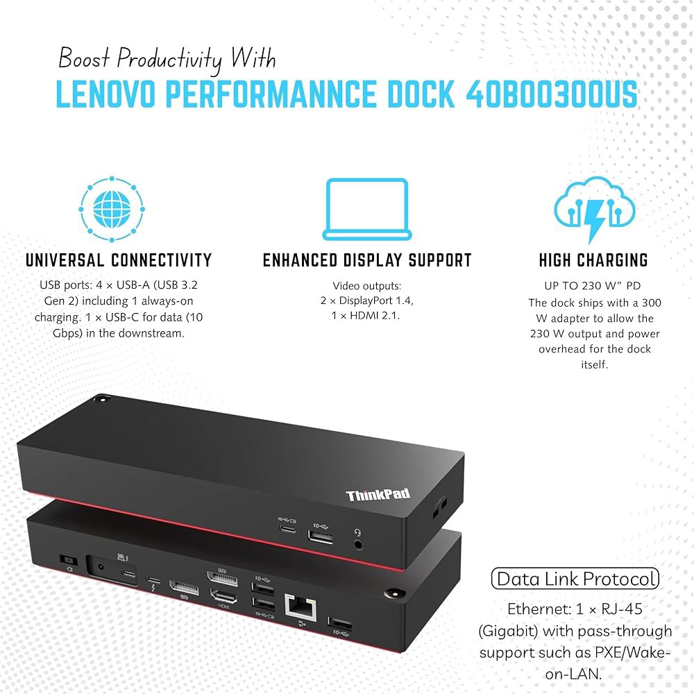 40B00300US 씽크패드 도킹 스테이션 USB C - 4K 디스플레이, 300W, HDMI, DP 및 썬더볼트 케이블을 지원하는 레노버 4 도크 지원 - 상세 이미지 3