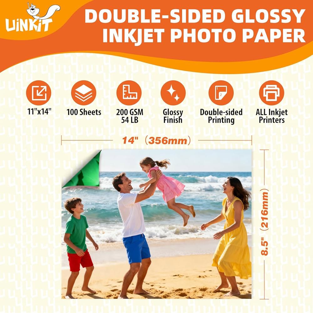 유킷 100매 200Gsm 양면 인화지 광택 11x14인치 54lbs 잉크젯 가치 벌크 팩 사진 11 x 14 950만 프린팅 프린터용 4x6 100 - 상세 이미지 2