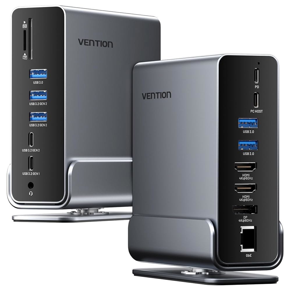 VENTION 15-in-1 노트북 도킹 스테이션 듀얼 모니터, 360 회전식 트리플 모니터 스테이션, 2 4K HDMI 및 1 DP, 노트북용 PD 100W 충전, 10Gbps - 상품 이미지