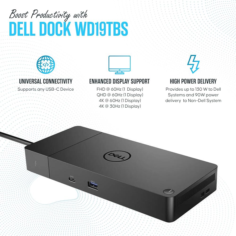 Dell WD19TBS 썬더볼트 독 - 180, HDMI 케이블, 디스플레이포트 케이블이 있는 USB C 도킹 스테이션 듀얼 모니터 노트북 및 컴퓨터 WD19TBS - 상세 이미지 3