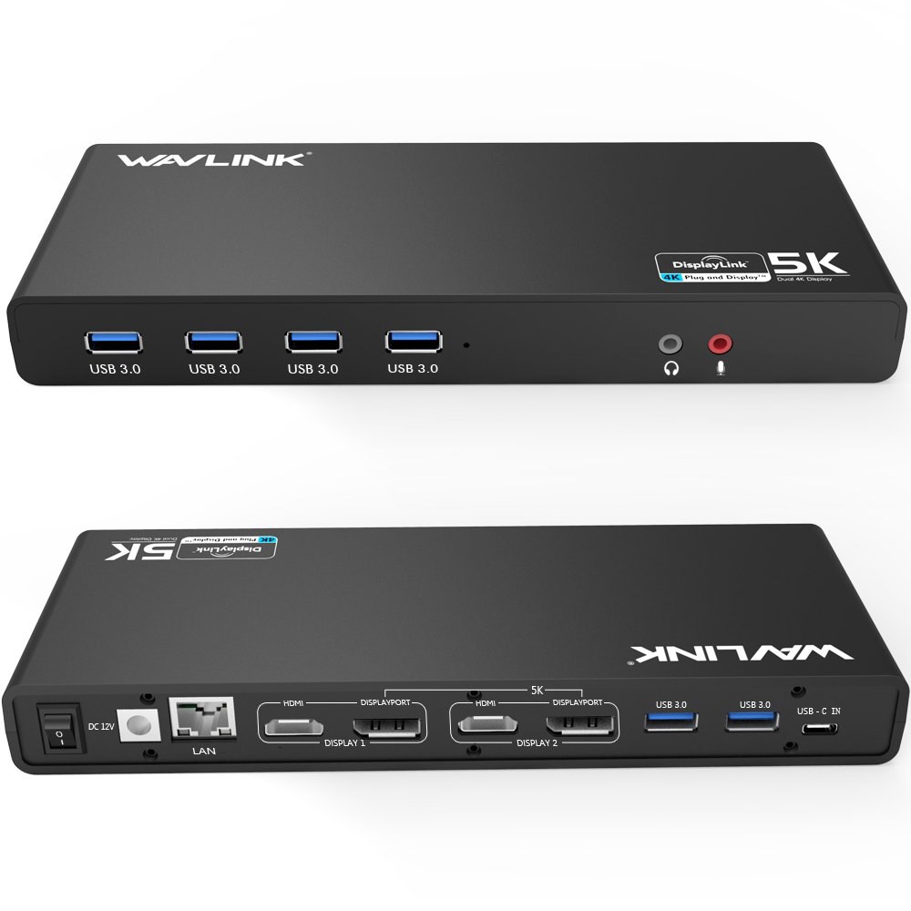 WAVLINK USB C 유니버설 도킹 스테이션, 15-in-1 울트라 5K 듀얼 4K HD 멀티 디스플레이 도크, HDMI 2개 / 디스플레이포트 기가비트 이더넷 3.0 6개 - 상품 이미지