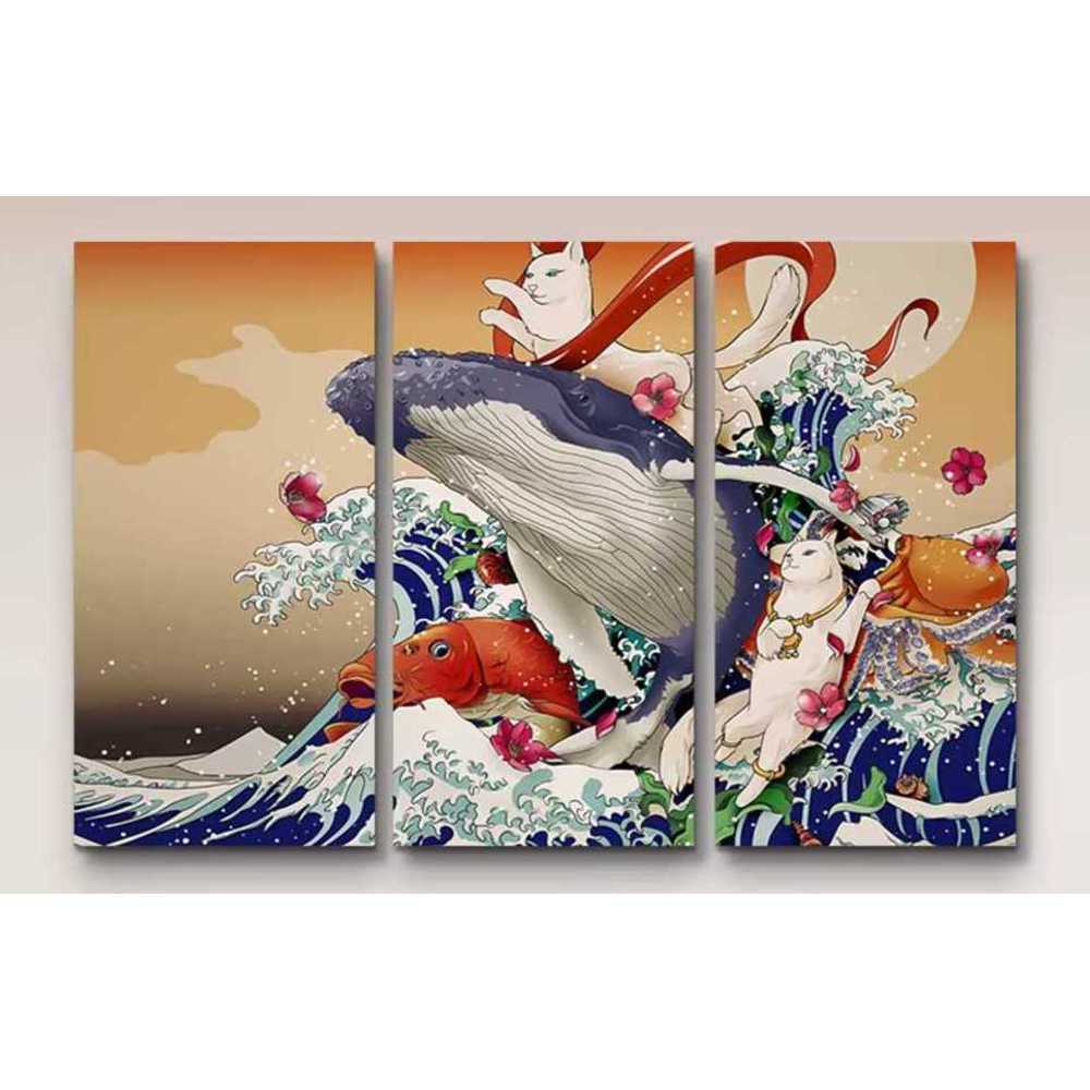 호쿠사이 액자 인쇄 벽걸이 파도 풍경 우키요에 그림 NSL-C01 3폭세트40x80cm단15mm - 상품 이미지