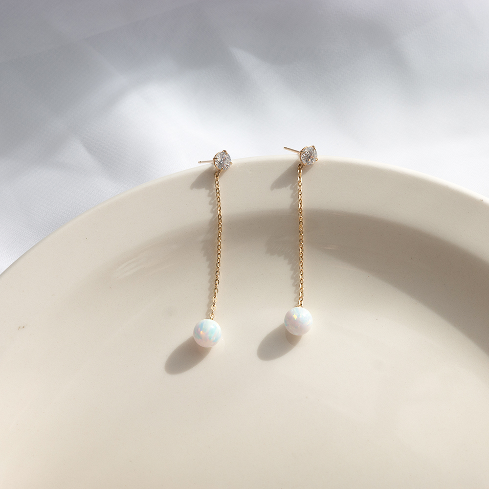 14k 6mm 합성오팔 큐빅 드롭 귀걸이 OPPE0198 - 상세 이미지 4