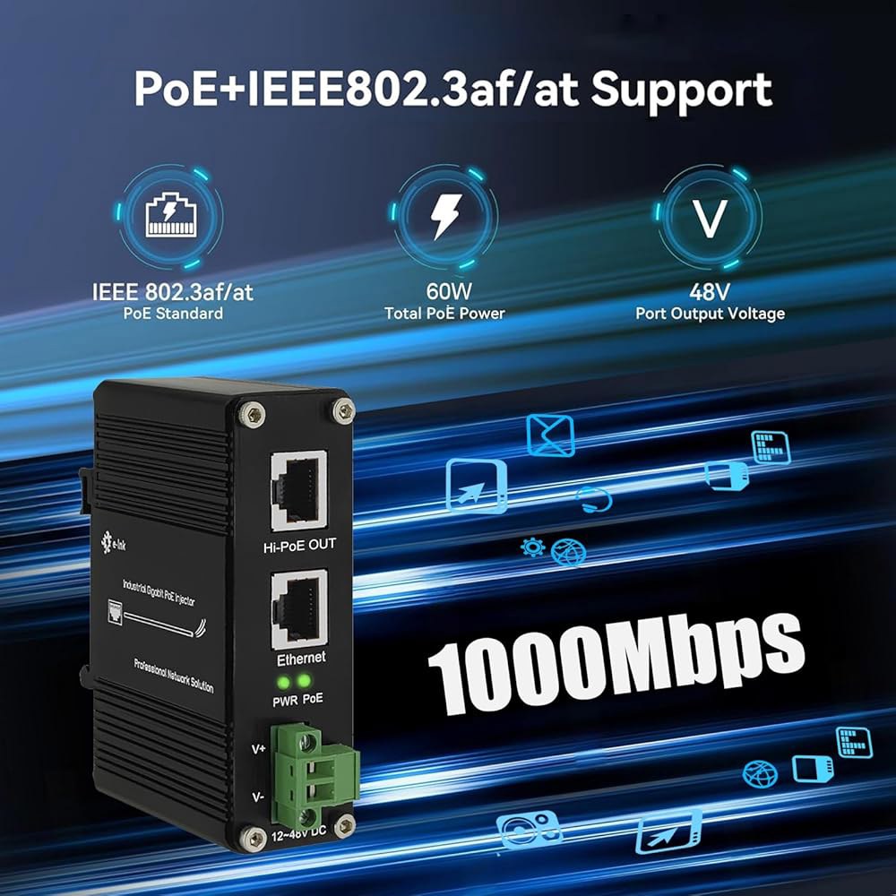 기가비트 하이포이 인젝터 - 산업용 PoE+ IEEE802.3af /at 60W 경화 POE 어댑터, 12-48V DC 입력 DIN- 레일, 월 마운트, 알루미늄 합금 금속 하우징 - 상세 이미지 3