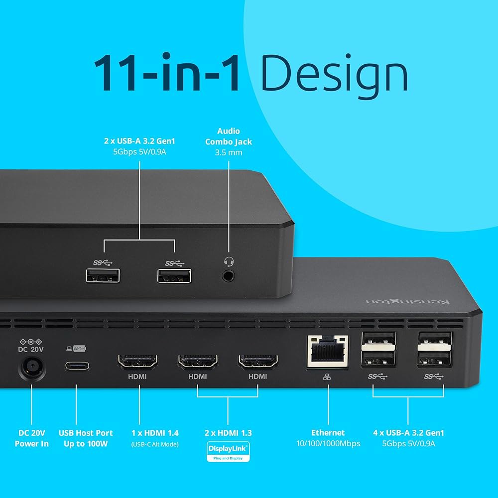 켄싱턴 SD4760P 11-in-1 USB-C 도킹 스테이션 트리플 모니터 디스플레이링크 스테이션, 3xHDMI, 노트북 100W 충전, 6xUSB A, 이더넷, 오디오, Mac - 상세 이미지 3