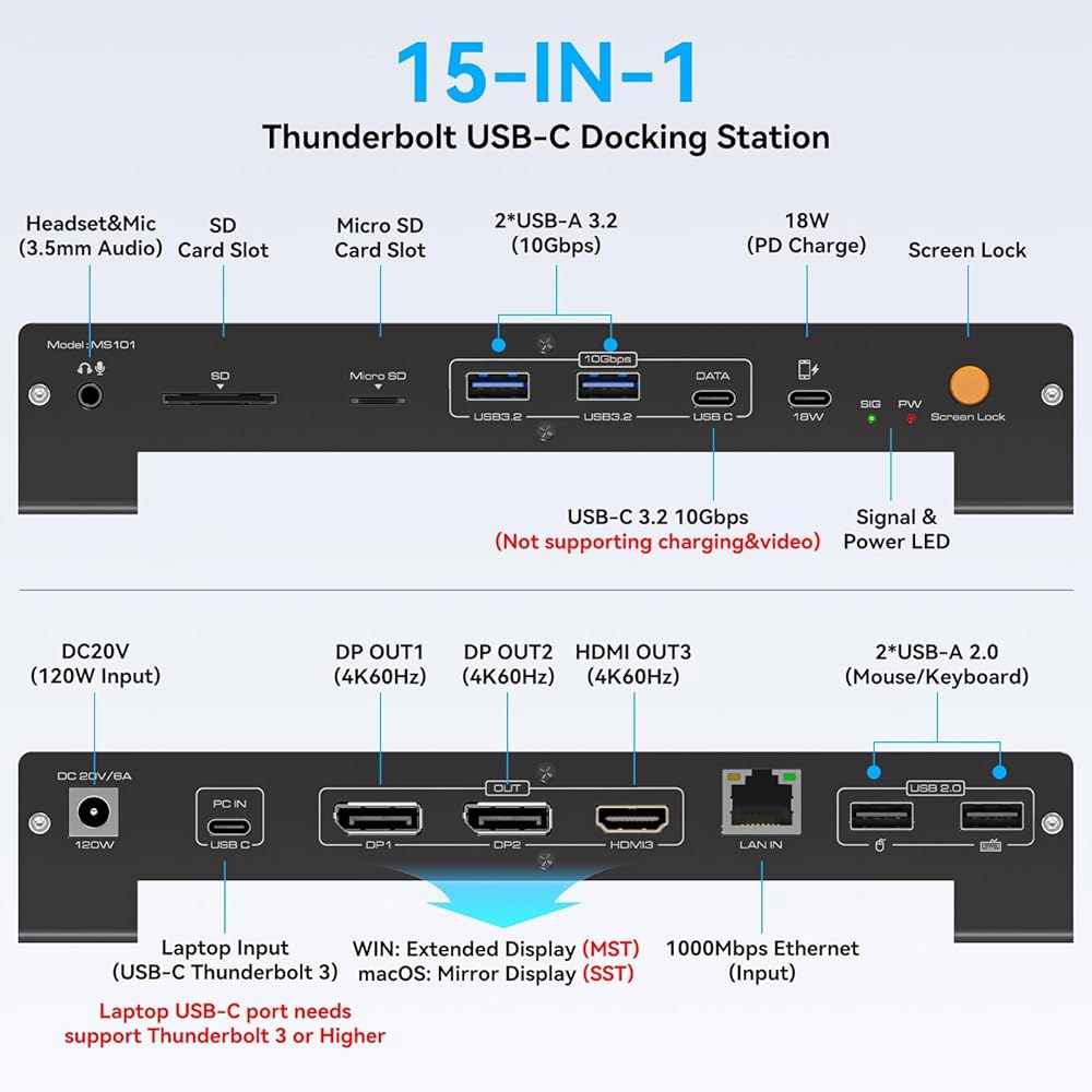 USB C 노트북 도킹 스테이션 3는 120W 전원 공급 장치 15-in-1 썬더볼트 도크를 갖춘 4K 모니터(2DP 및 HDMI 포트 PD100W / 10Gbps SD&TF 이더 - 상세 이미지 3