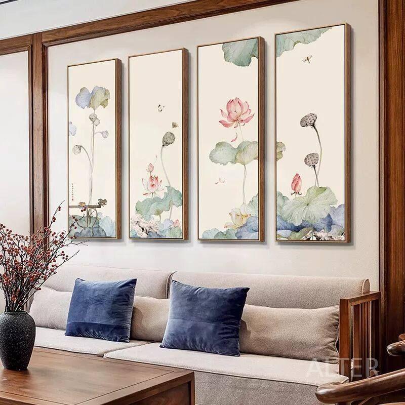 불교 꽃그림 연꽃 그림 대형 액자 캔버스 엔틱 동양화 인테리어 A 50x150cm 골드 프레임 - 상세 이미지 3