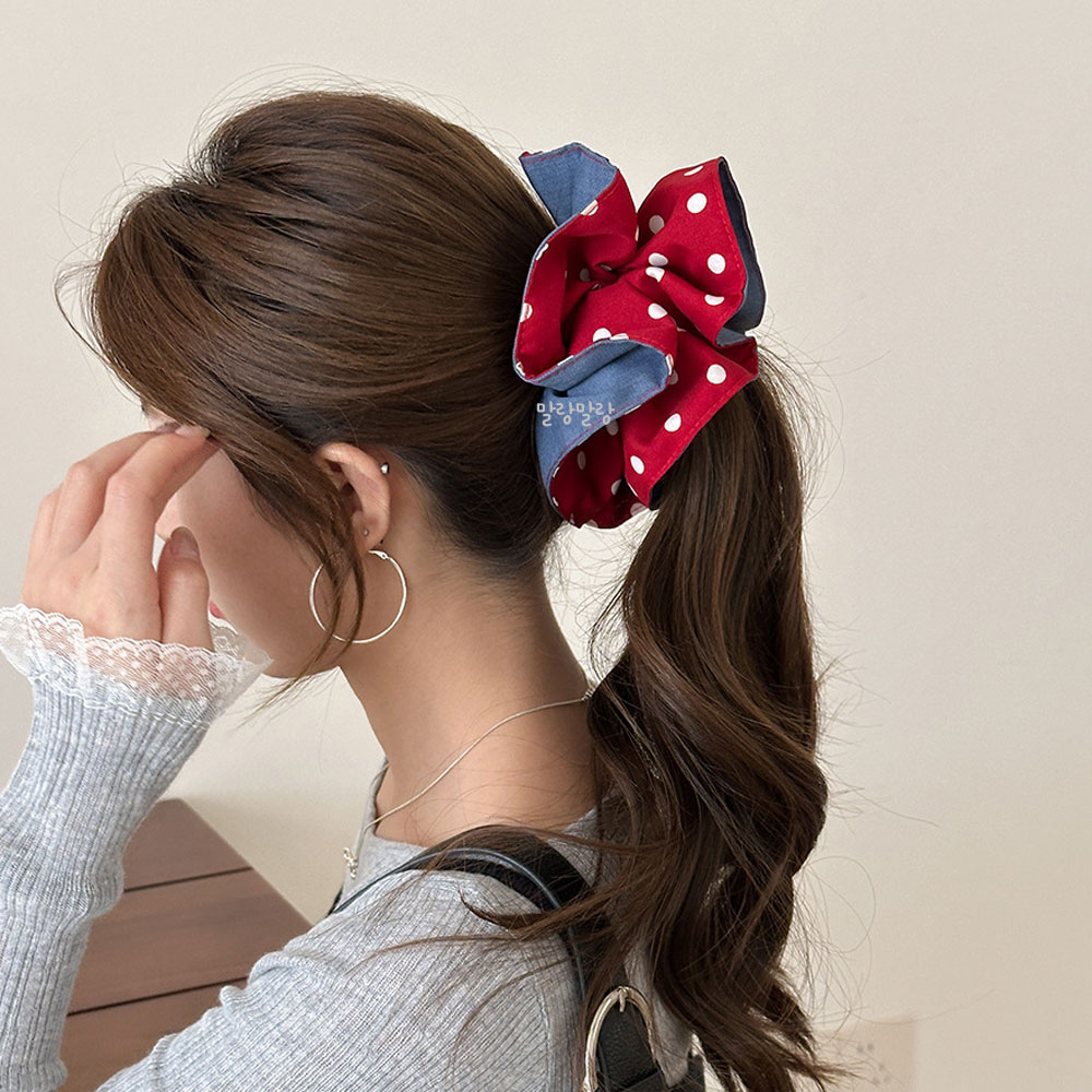 블루 레드 도트 왕곱창밴드 사각스크런치 땡땡이 머리끈 이미지 6