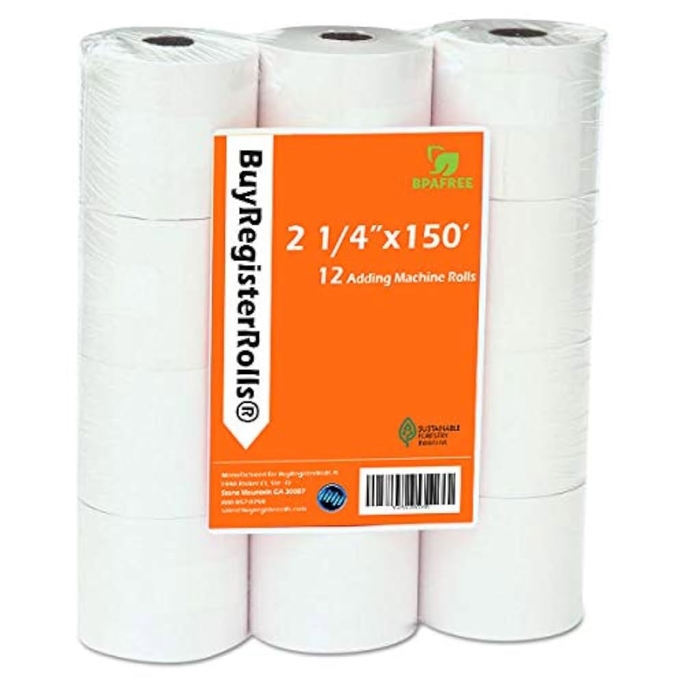 BuyRegisterRolls (12롤) 6.4 x 45.7m(2 원 화이트 페이퍼 레지스터/추가 플라이 기계 계산기 롤 프리미엄 인쇄 추가 용지 10키 기계/계산기 1/4 150 - 상품 이미지