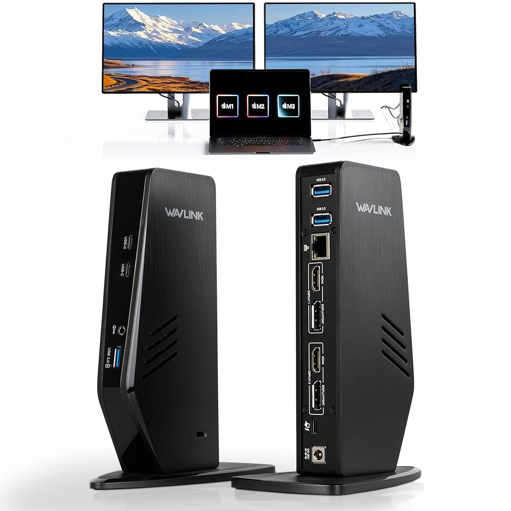 65W, Windows 또는 Mac용 듀얼 모니터 도킹 스테이션, 4K HDMI(HDMI 2개, 디스플레이 포트 USB-A 3개, USB-C 이더넷, 오디오 및 마이크 2개를 갖춘 - 상품 이미지