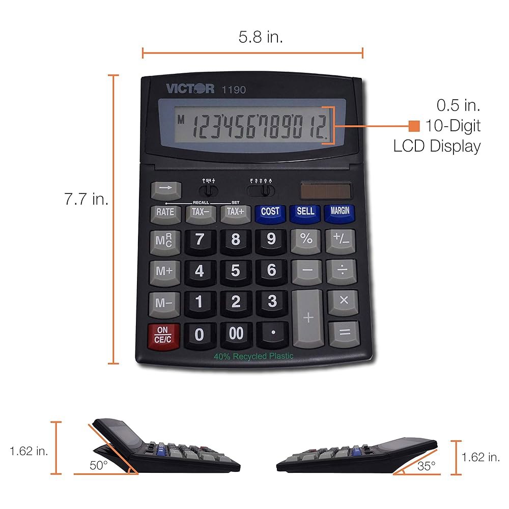 Victor 1190 이그제큐티브 데스크탑 계산기, 12자리 LCD Black 1 x 5.9 x 7.8 1190 - 상세 이미지 3