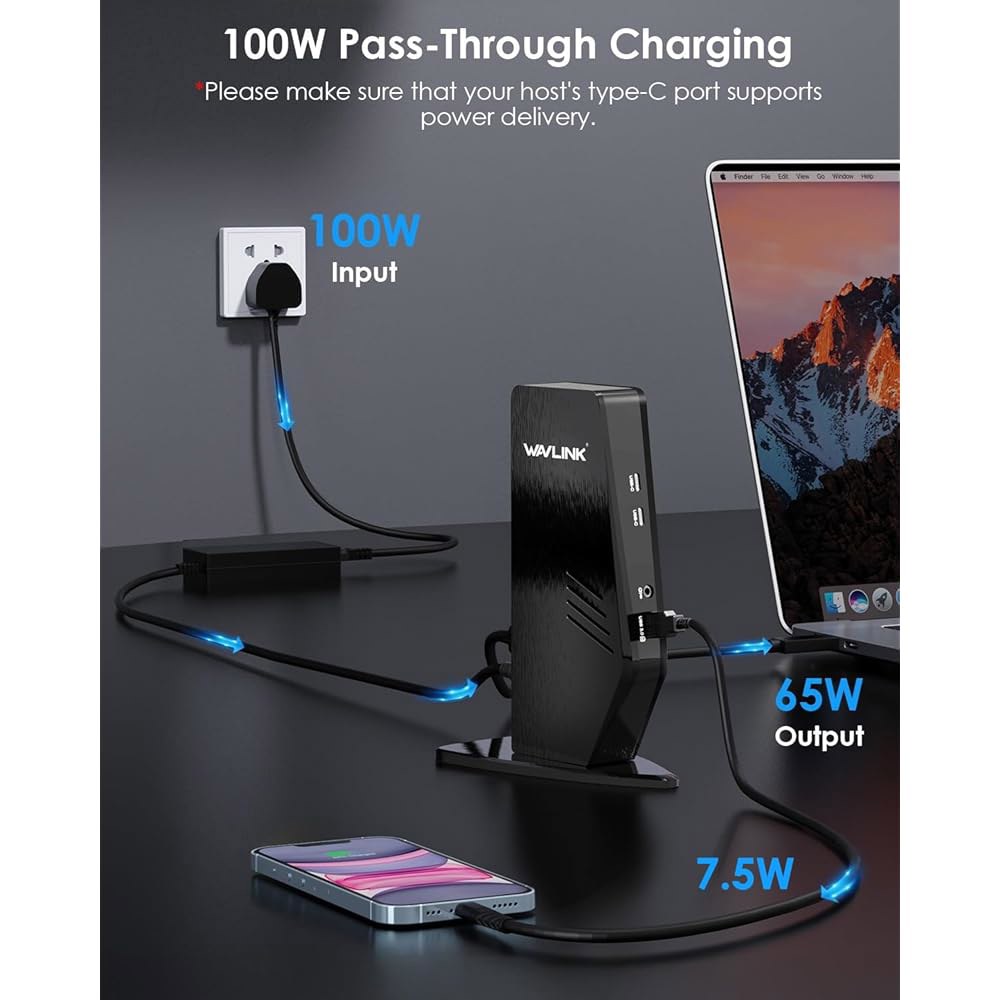 65W, Windows 또는 Mac용 듀얼 모니터 도킹 스테이션, 4K HDMI(HDMI 2개, 디스플레이 포트 USB-A 3개, USB-C 이더넷, 오디오 및 마이크 2개를 갖춘 - 상세 이미지 3