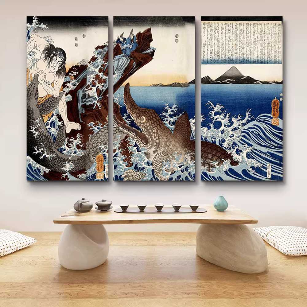 호쿠사이 액자 인쇄 벽걸이 파도 풍경 우키요에 그림 NSL-C01 3폭세트40x80cm단15mm 이미지 7