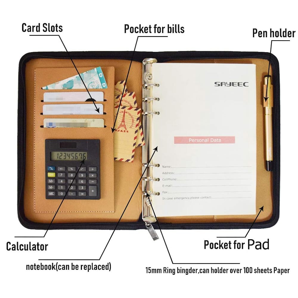 Lemical 지퍼 가죽 저널 리필 홀더 및 가능한 계산기 학교 메모장 여행 슬롯 비즈니스 바인더 [office_product] 노트북 (블랙) 용품 포트폴리오 다이어리 패드폴리오 - 상세 이미지 2