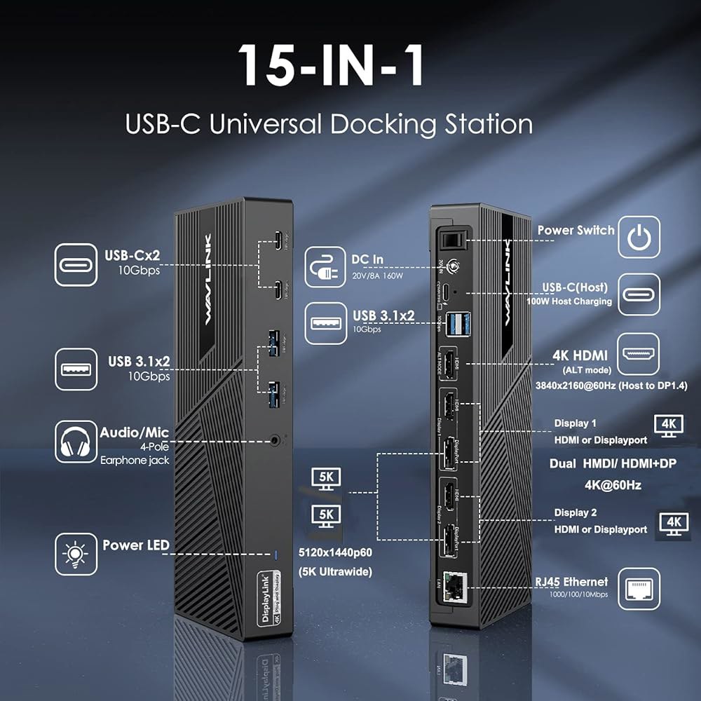 WAVLINK 디스플레이링크 도킹 스테이션 트리플 모니터 4K@60Hz, 썬더볼트 4/3용 100W 충전, USB C M1 M2 M3 M4 Mac /Windows /Chrome - 상세 이미지 2