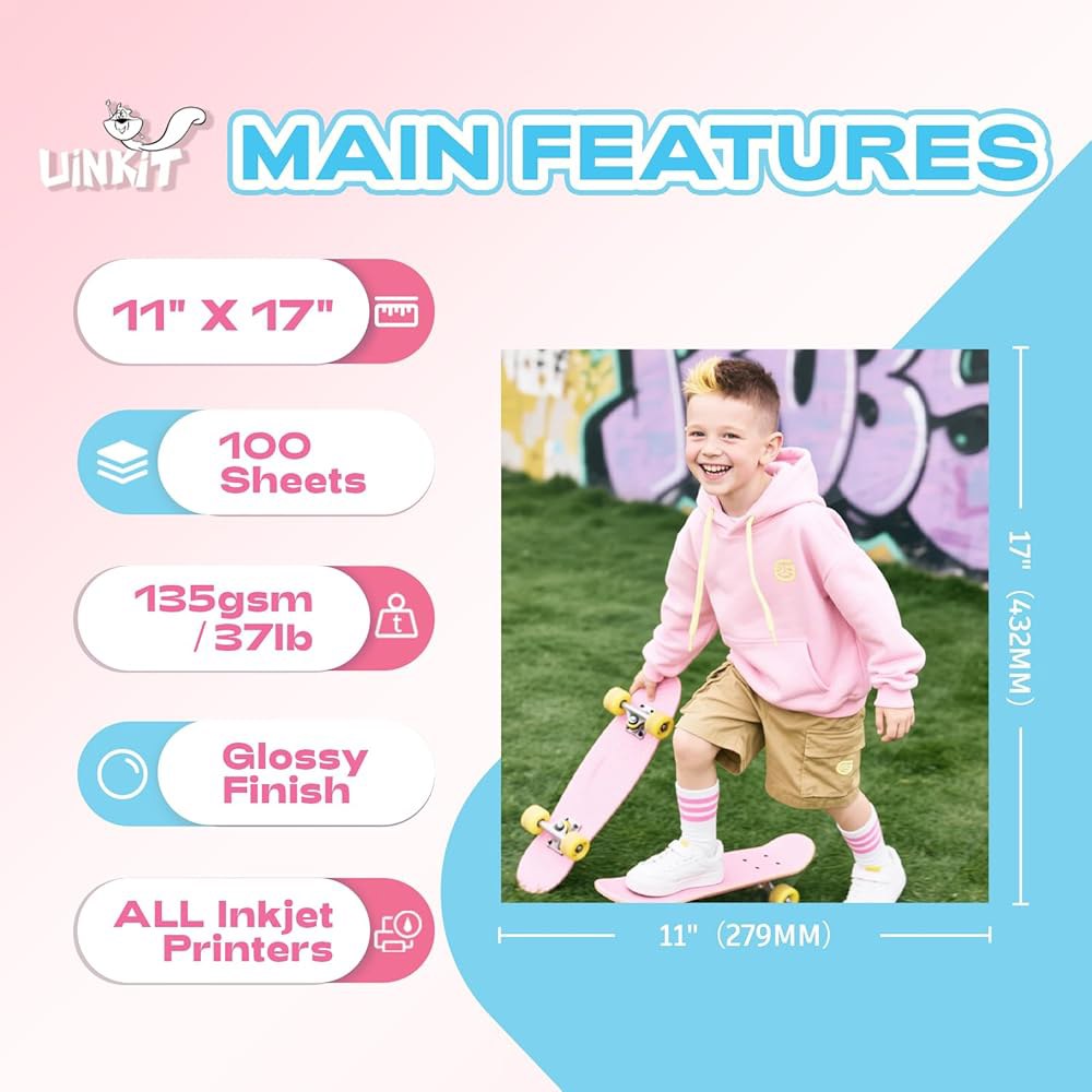Uinkit 11x17 100매 사진 용지 광택 잉크젯 37파운드 얇은 단면 인쇄 포스터 플레이빌 부고 기사 게시판 갤러리 쇼 카피 A3 값 포장됨 4X6X100 - 상세 이미지 2