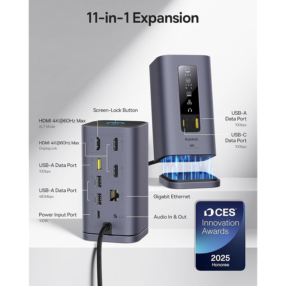 베이스어스 스페이스메이트(MAC) 도킹 스테이션, 4K HDMI, 10Gbps USB 포트, 100W PD, 기가비트 이더넷, 오디오, Mac용 노트북 스테이션 3 모니터 및 Wi - 상세 이미지 3