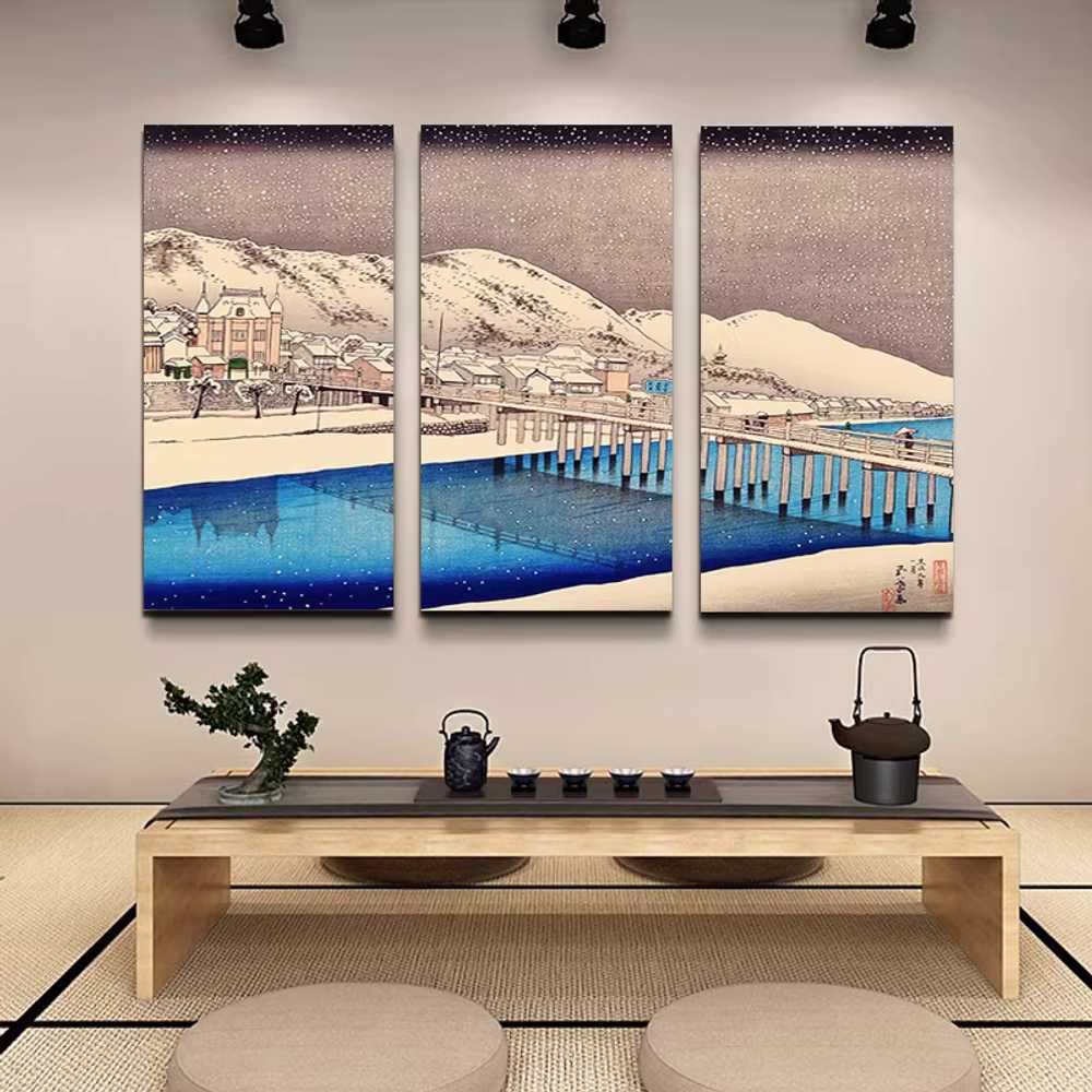 호쿠사이 액자 인쇄 벽걸이 파도 풍경 우키요에 그림 NSL-C01 3폭세트40x80cm단15mm - 상세 이미지 4