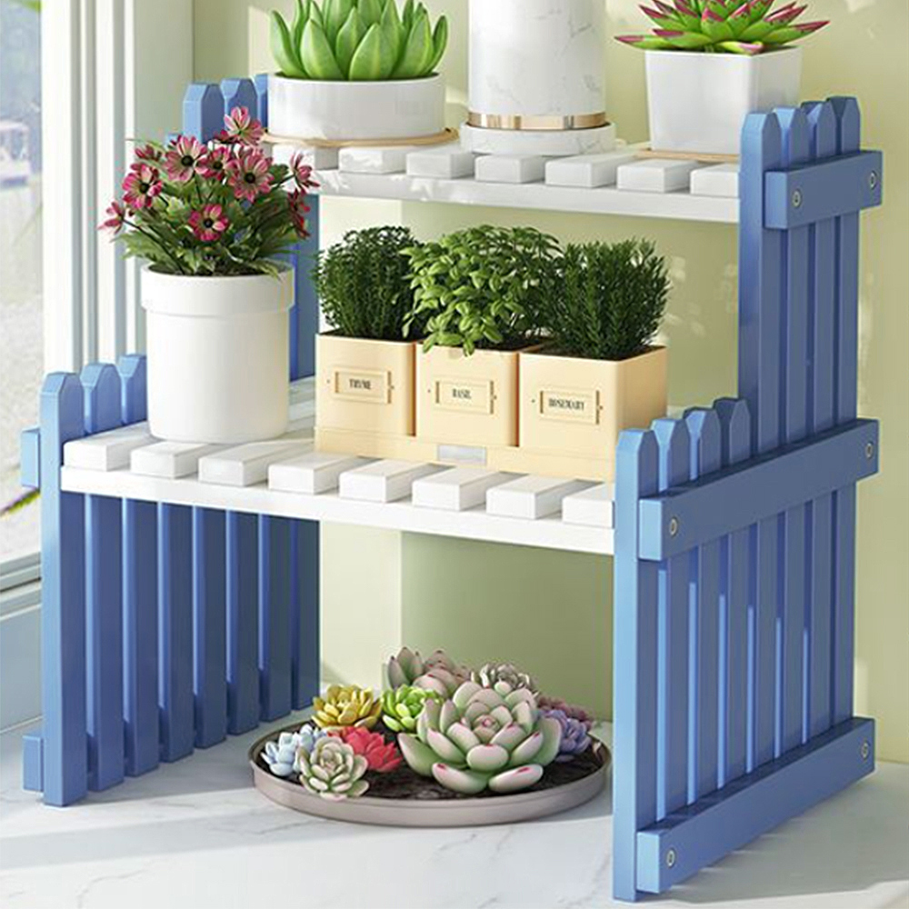 2단 대나무 화분진열대 화분선반 27cm (블루화이트) - 상품 이미지
