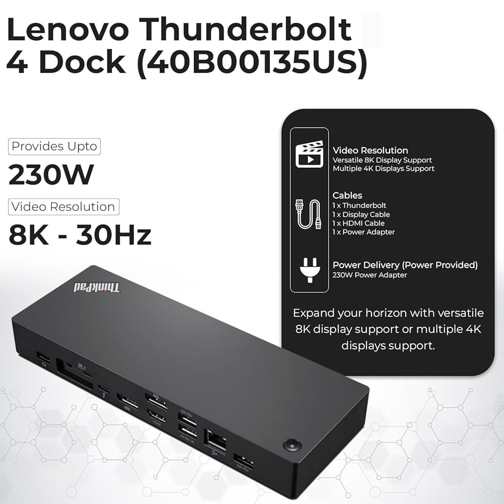 40B00135US 레노버 씽크패드 도킹 스테이션 USB C - 1년 보증, 4K 디스플레이 지원, 135W 어댑터 포함 썬더볼트 4 도크, HDMI, 디스플레이포트, 케이블 및 - 상세 이미지 3
