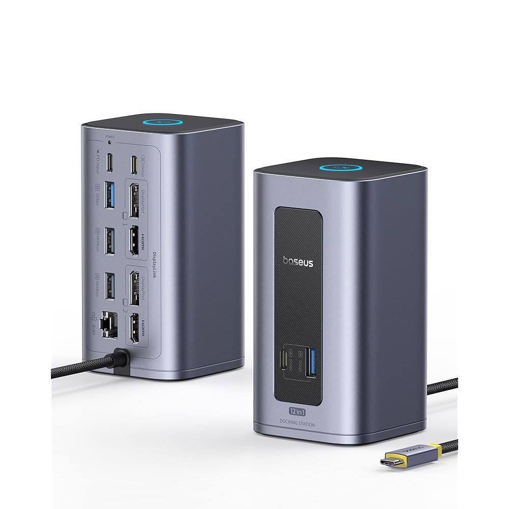 macOS /Win용 베이스어스 도킹 스테이션 듀얼 모니터, 노모스 맥 에어(12 in 1) 노트북 스테이션, 4K HDMI, 10Gbps USB 포트, 1Gbps 이더넷, PD - 상품 이미지