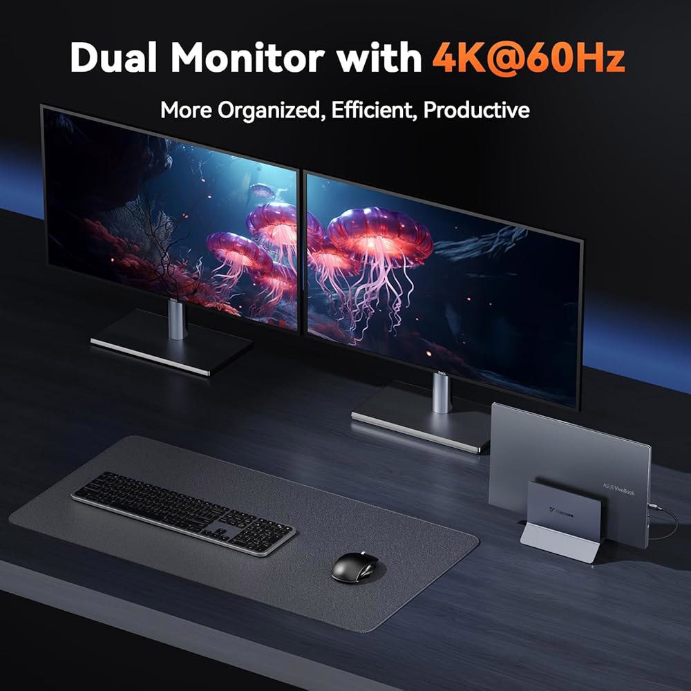 토베논원 도킹 스테이션 듀얼 모니터 스탠드 4K@60Hz, HDMI 포트 2개, 100W 전원 공급 장치, PD 3.0, USB 6개, 이더넷, 노트북 세로, Windows, Ch - 상세 이미지 3
