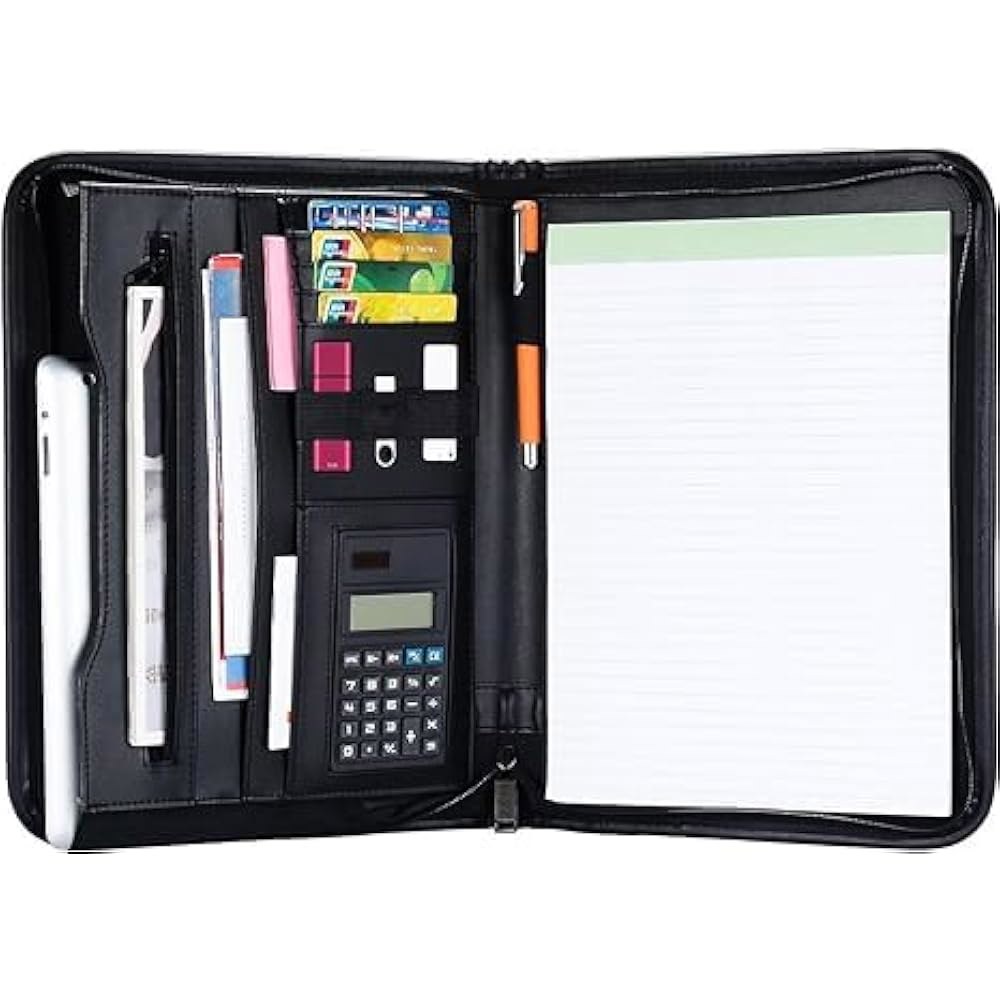KUSCOR Padfolio 포트폴리오, 10.1인치 태블릿 계산기, 잠금, 카드 PU 인터뷰 필기 비즈니스 지퍼 슬리브, 가죽 전문 및 폴더, 패드, 홀더, 블랙 - 상품 이미지