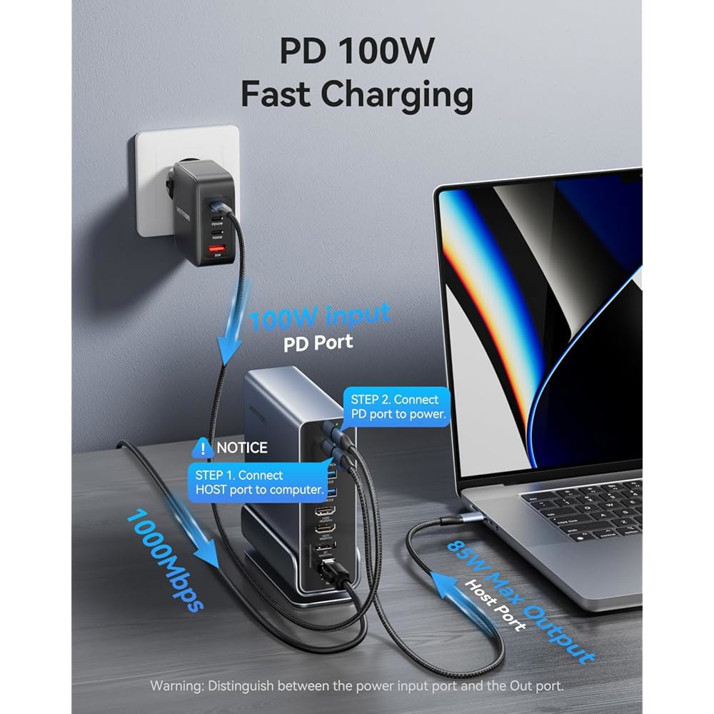VENTION 15-in-1 노트북 도킹 스테이션 듀얼 모니터, 360 회전식 트리플 모니터 스테이션, 2 4K HDMI 및 1 DP, 노트북용 PD 100W 충전, 10Gbps - 상세 이미지 3