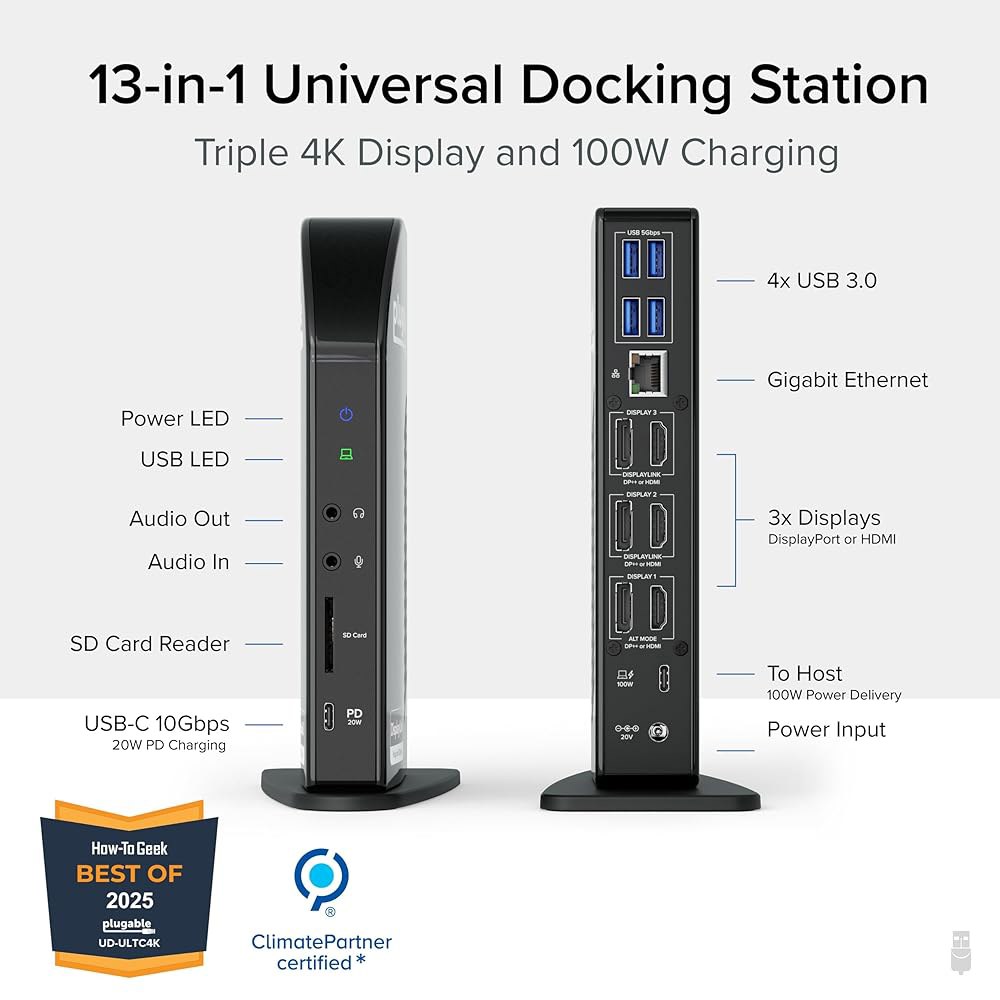 100W 전원 공급이 가능한 13-in-1 USB C 도킹 스테이션 4K 트리플 모니터 | 윈도우, 맥, 크롬OS, 썬더볼트용 독 드라이버 필요 3배 HDMI 및 디스플레이포트(U - 상세 이미지 2