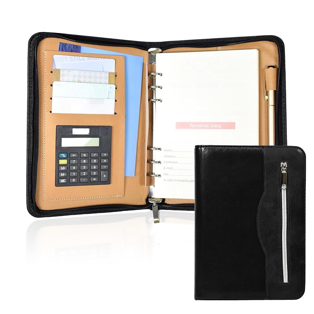 Lemical 지퍼 가죽 저널 리필 홀더 및 가능한 계산기 학교 메모장 여행 슬롯 비즈니스 바인더 [office_product] 노트북 (블랙) 용품 포트폴리오 다이어리 패드폴리오 - 상품 이미지