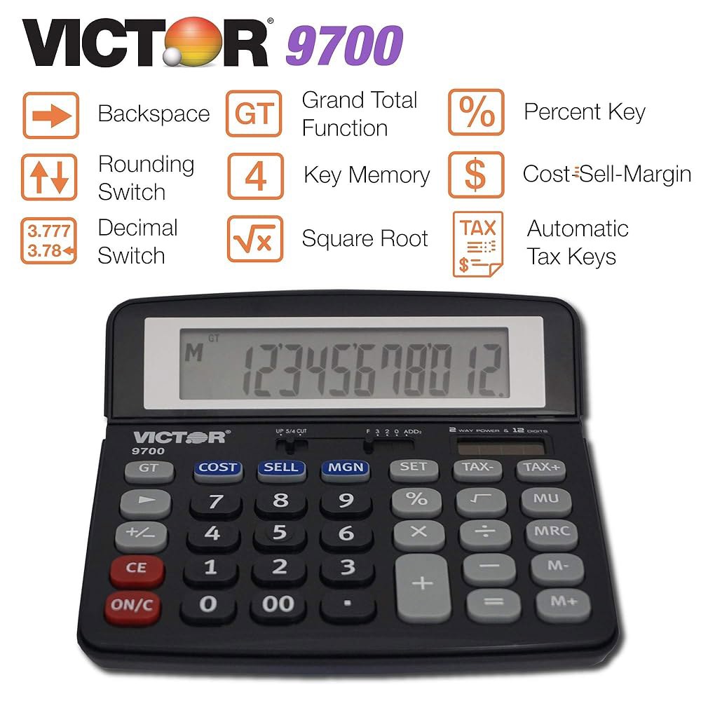 Victor 9700 12자리 표준 기능 계산기, 하이브리드 디스플레이, 가정 배터리 틸트 사무실에서 및 비즈니스 사용하기에 블랙 적합, 전원 LCD 태양열 - 상세 이미지 2