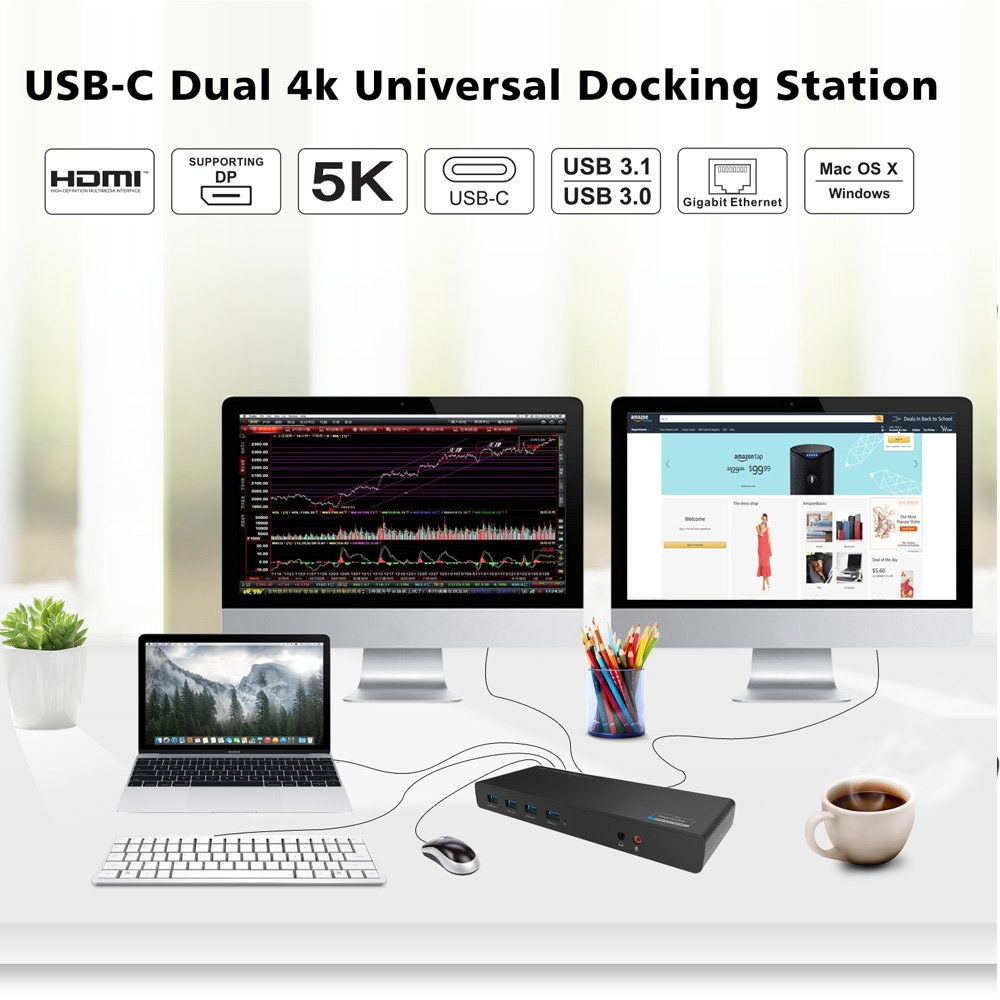 WAVLINK USB C 유니버설 도킹 스테이션, 15-in-1 울트라 5K 듀얼 4K HD 멀티 디스플레이 도크, HDMI 2개 / 디스플레이포트 기가비트 이더넷 3.0 6개 - 상세 이미지 2