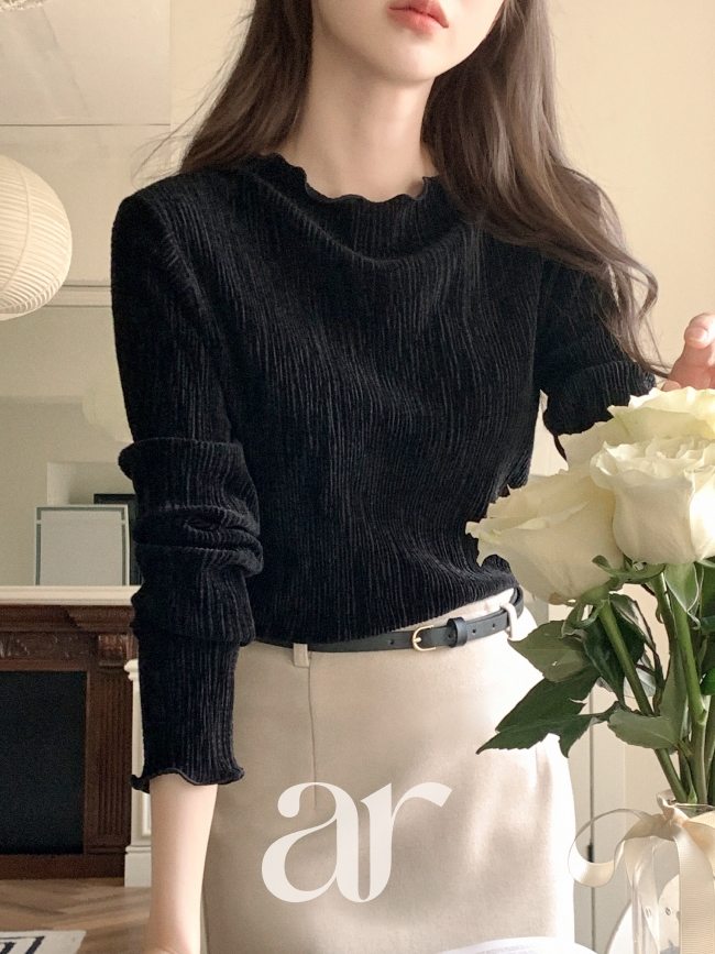 벨벳 링클 플리츠 물결 폴라 긴팔 티셔츠 ts4826 이미지 2