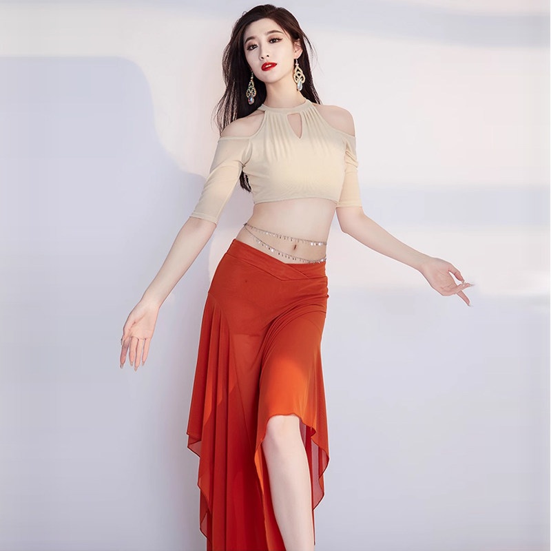 벨리댄스복 라인댄스 의상 쉬폰 롱 플레어 언발란스 스커트 줌바 공연 무대 연습복 우아한 - 상세 이미지 2