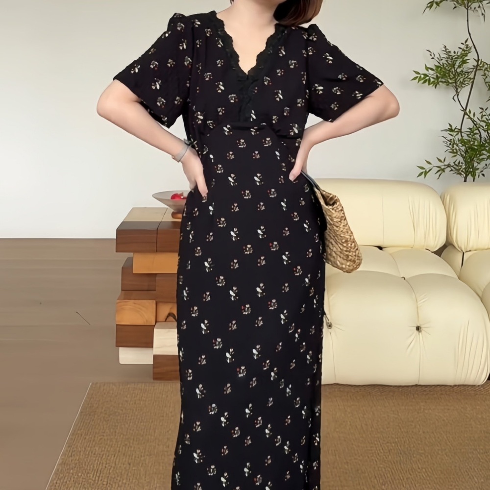 원피스 v넥 퍼프소매 휴양지 쉬폰 플라워 잔꽃무늬 여름 하객 데일리 편안한 - 상세 이미지 2