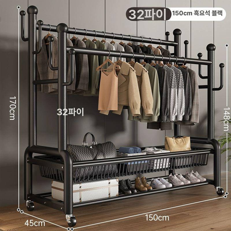 실내용 이중봉 행거 두꺼운 옷걸이대 간편형 초두꺼운 32mm 150cm 8후크 A 대형 - 상품 이미지