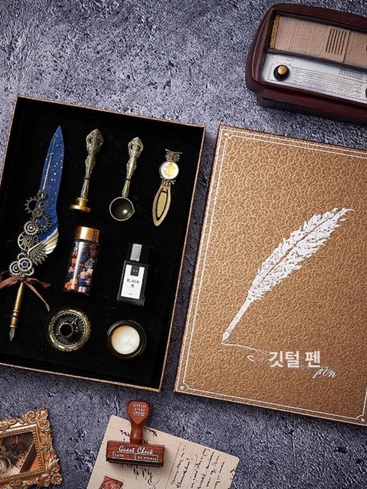 간지 깃털펜 만년필 빈티지 깃펜 딥펜 세트 캘리그래피 잉크 필기구 선물용 문구 네이비블루 중형 프리사이즈 - 상세 이미지 4