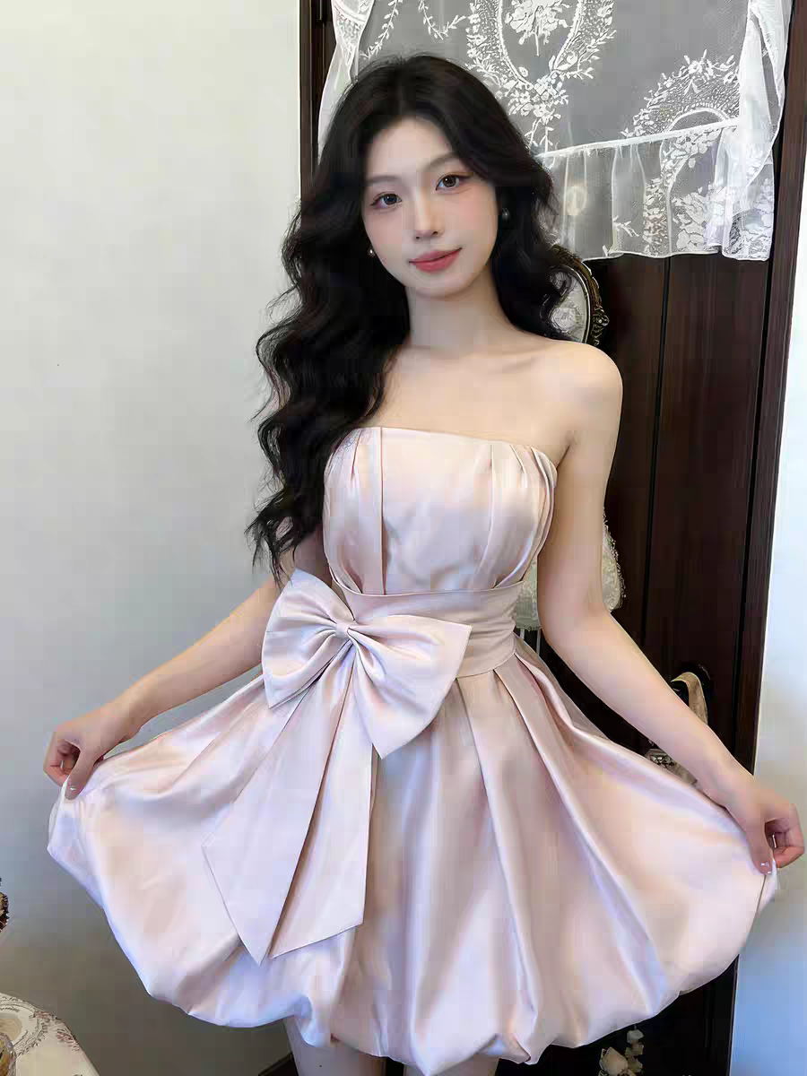 스트랩리스 핑크 미니 웨딩드레스 리본 볼륨 파티원피스 - 상세 이미지 5
