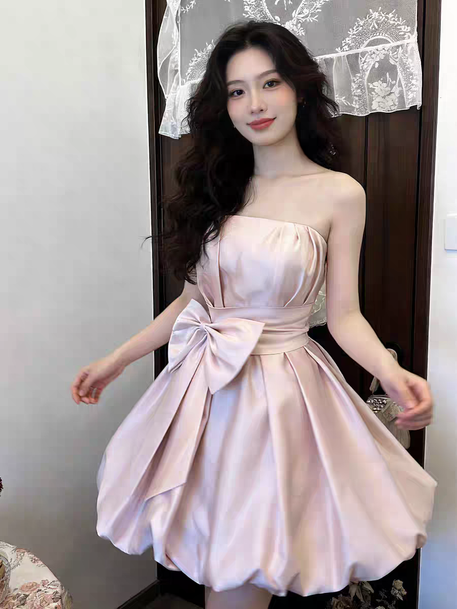 스트랩리스 핑크 미니 웨딩드레스 리본 볼륨 파티원피스 - 상세 이미지 3