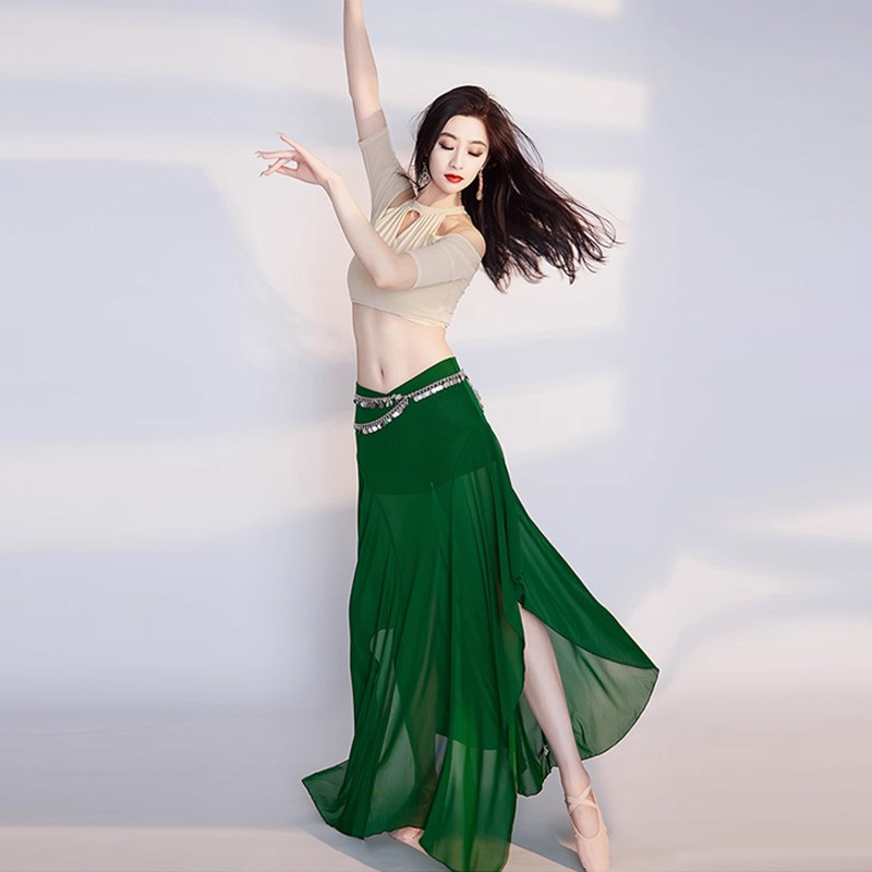 벨리댄스복 라인댄스 의상 쉬폰 롱 플레어 언발란스 스커트 줌바 공연 무대 연습복 우아한 - 상세 이미지 4