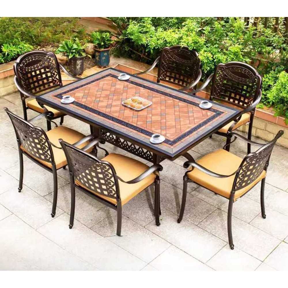 주물테이블 레트로알루미늄 마당용 야외식탁 엔틱형 A형 150x90cm+의자 6개 - 상품 이미지