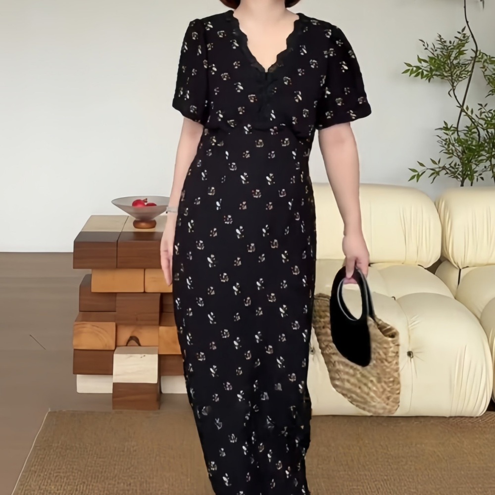 원피스 v넥 퍼프소매 휴양지 쉬폰 플라워 잔꽃무늬 여름 하객 데일리 편안한 - 상세 이미지 3