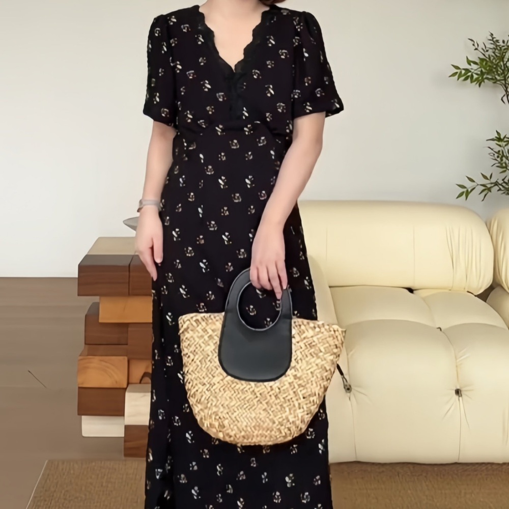 원피스 v넥 퍼프소매 휴양지 쉬폰 플라워 잔꽃무늬 여름 하객 데일리 편안한 - 상세 이미지 4