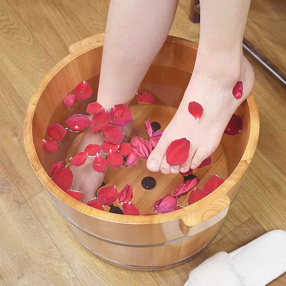족욕탕 원목 족욕통 발 다용도 목욕용품 풋케어 대야 35cm / 숯색 + 뚜껑+마사지볼 - 상세 이미지 4