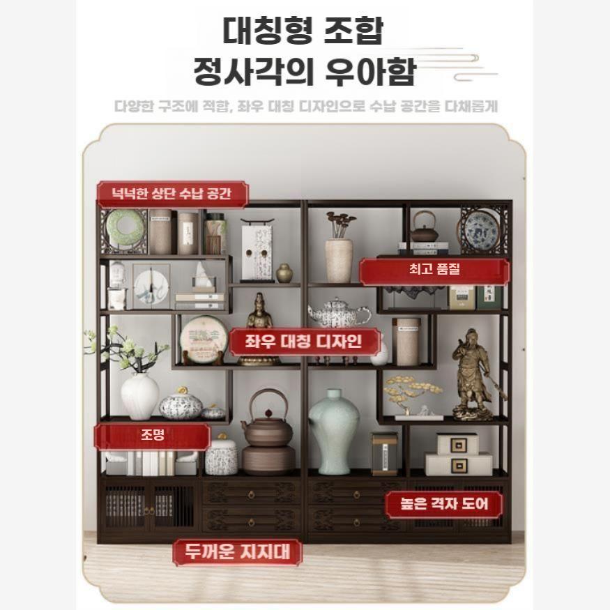 전통 원목 선반장 고풍 진열장 거실 장식장 빈티지 수납장 80cm 7단 왼쪽 도어 - 상세 이미지 2