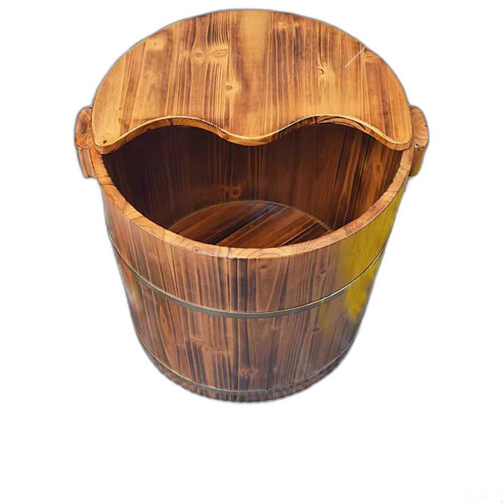 족욕탕 원목 족욕통 발 다용도 목욕용품 풋케어 대야 35cm / 숯색 + 뚜껑+마사지볼 - 상품 이미지